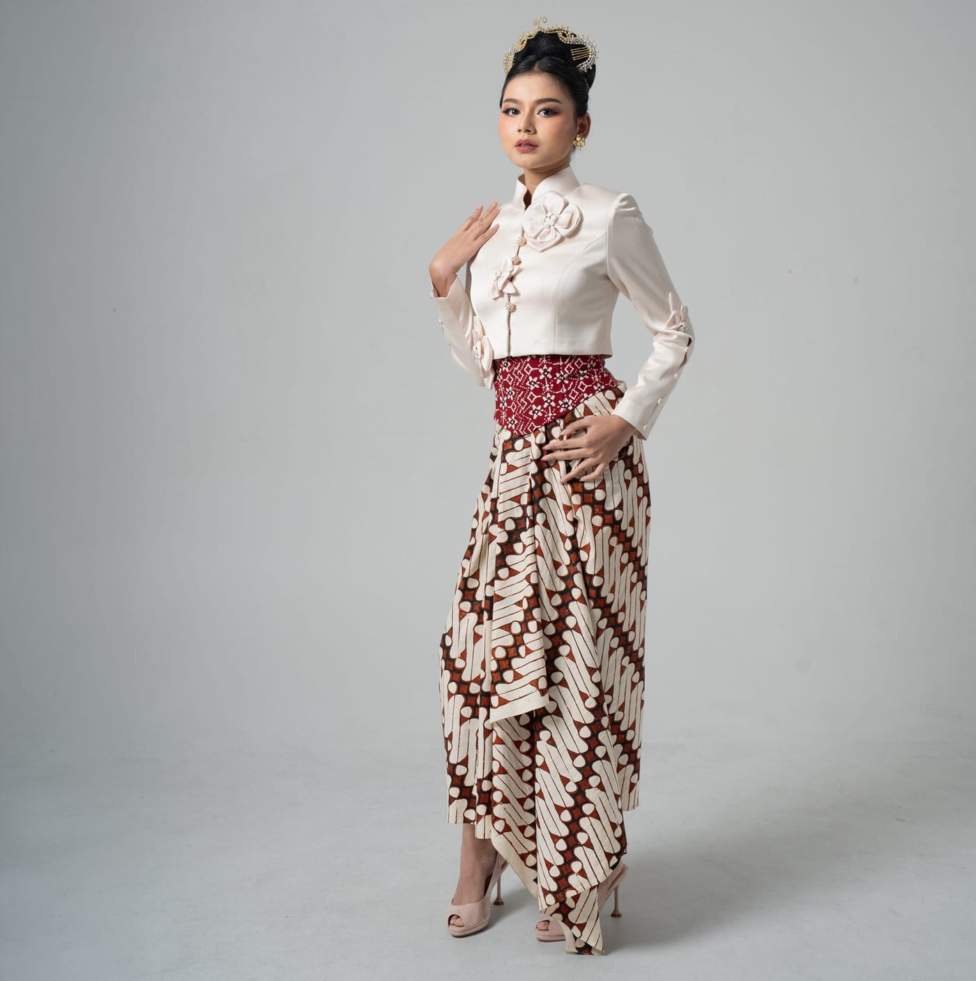 Parang Satin, soft satin and dimensional flowers above the timeless parang motif