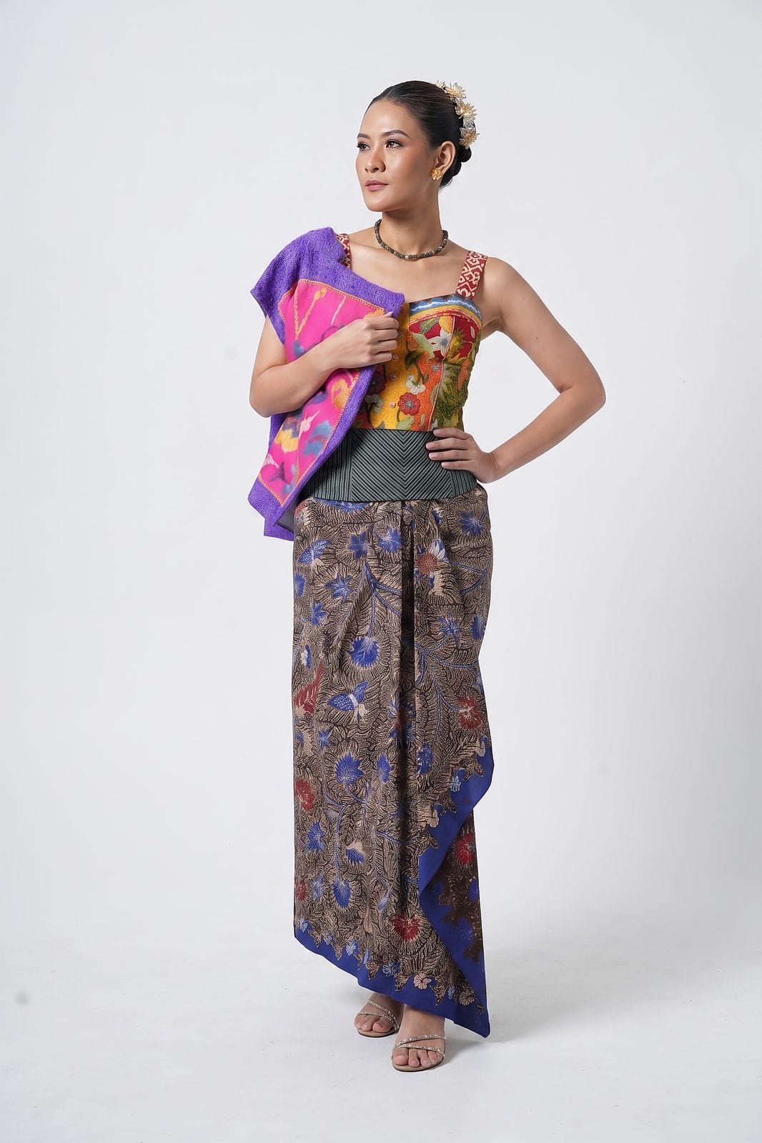 Peacock Batik, a painted beaded bodice and peacock-feather batik wrap